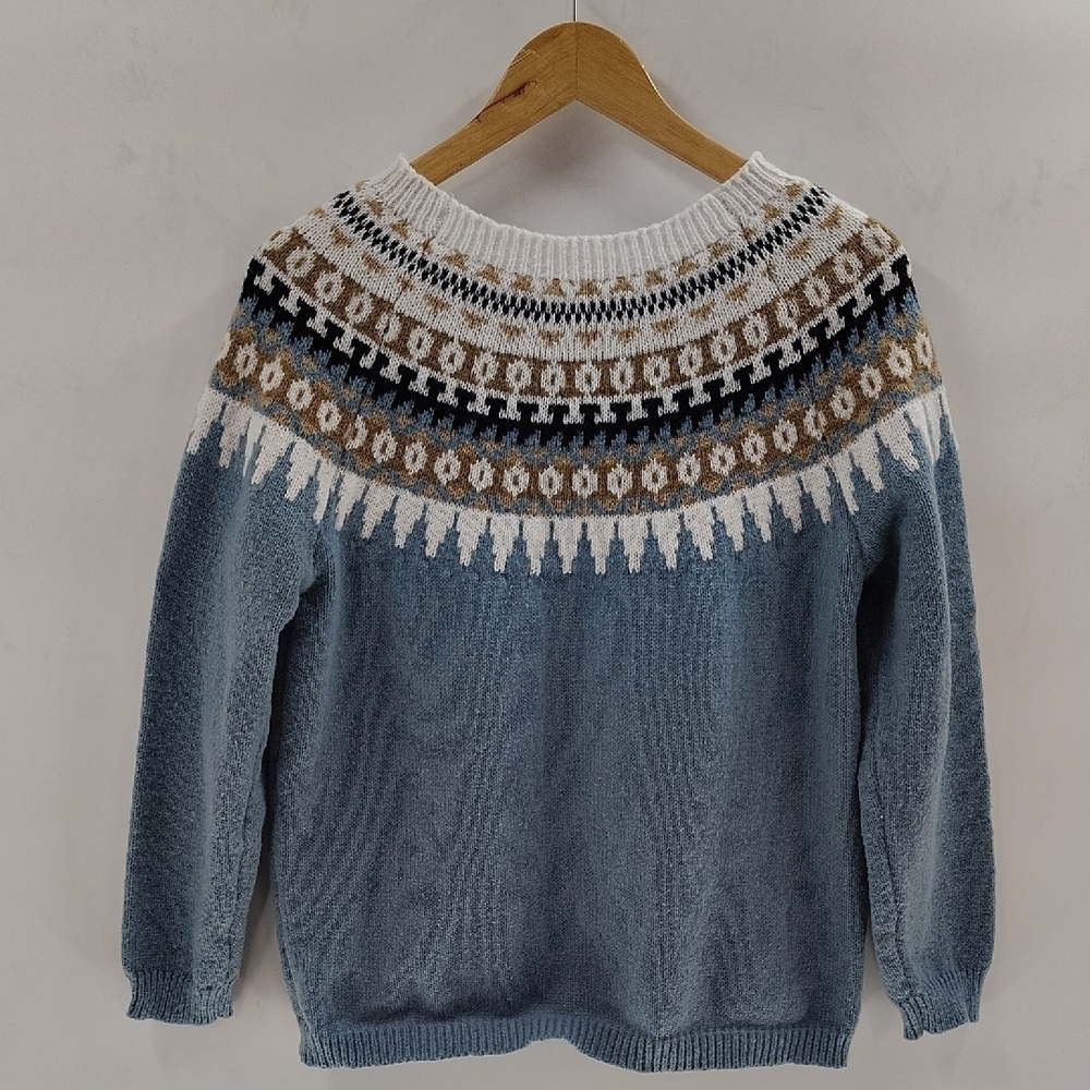 Fair Isle Sweater Size Large Blue With White Black And Brown detailed Collar